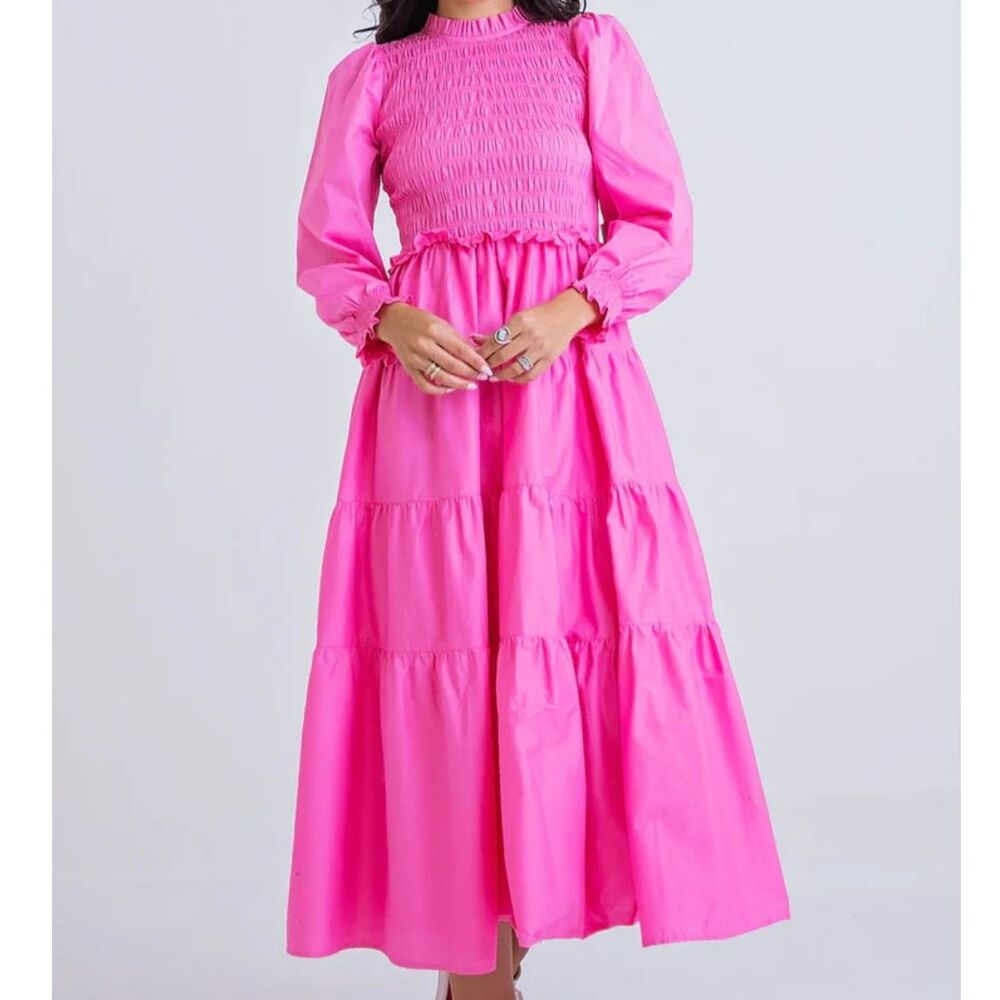 Karlie Vibrant Pink Smocked Tiered Maxi Dress
